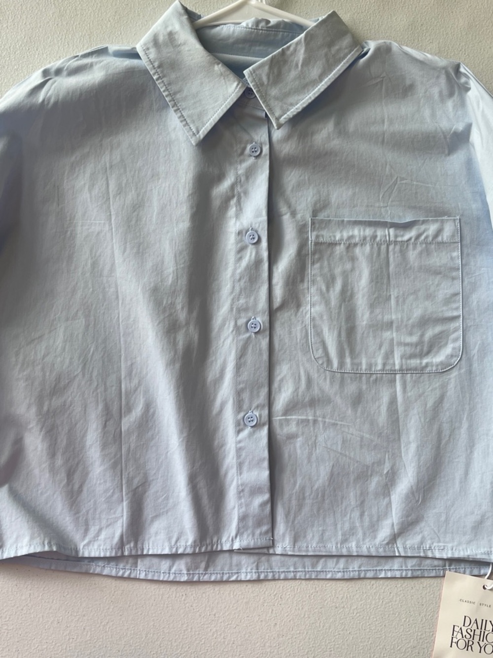 Cropped Light Blue Button-Up Shirt with Pocket